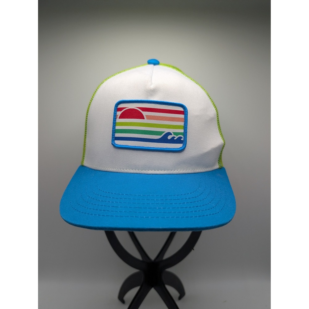 Sunset Wave Patch Trucker Hat Blue White Neon Green Snapback OSFM